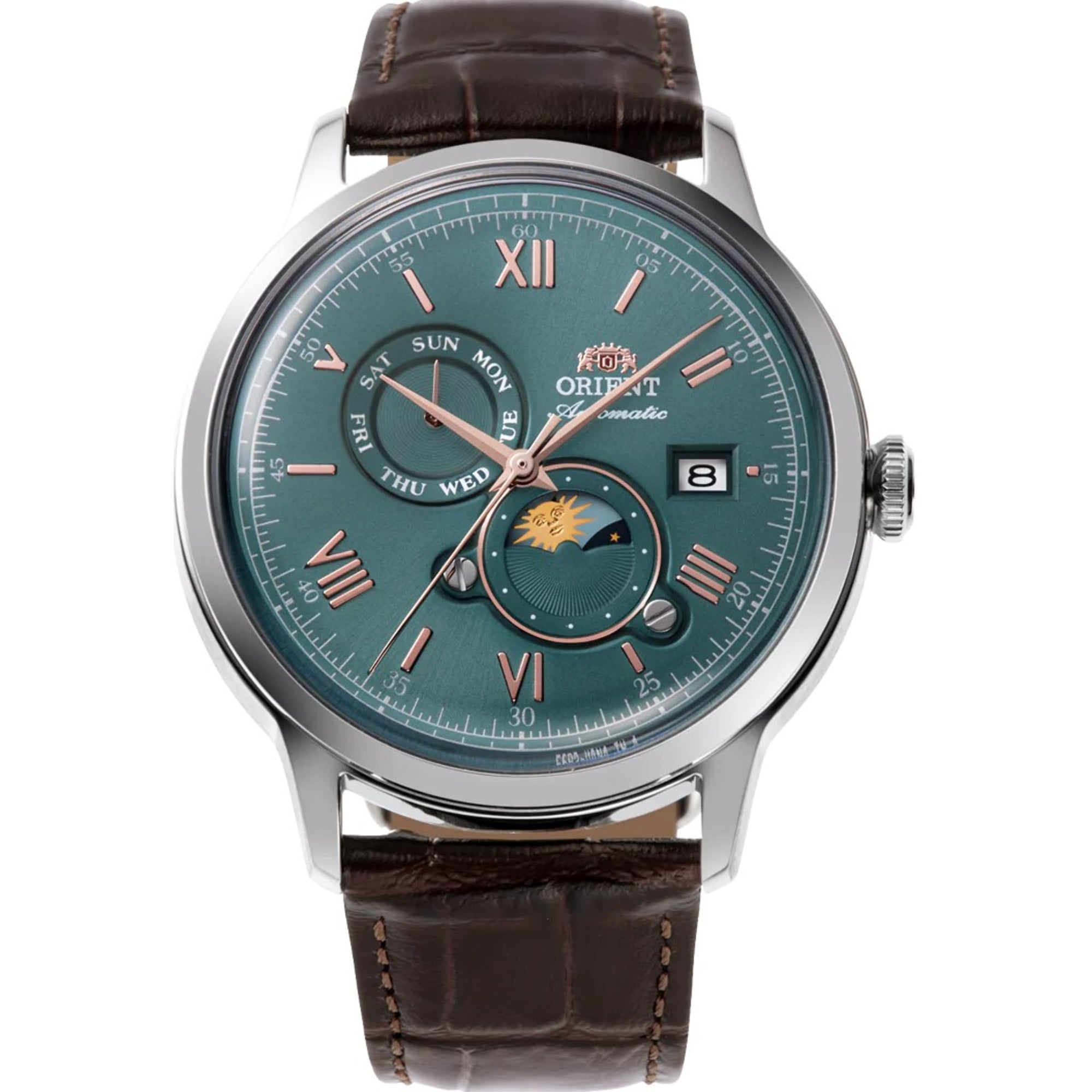 Orient Bambino Sun & Moon Green Dial Leather Strap Men's Watch RA-AK0805E30B