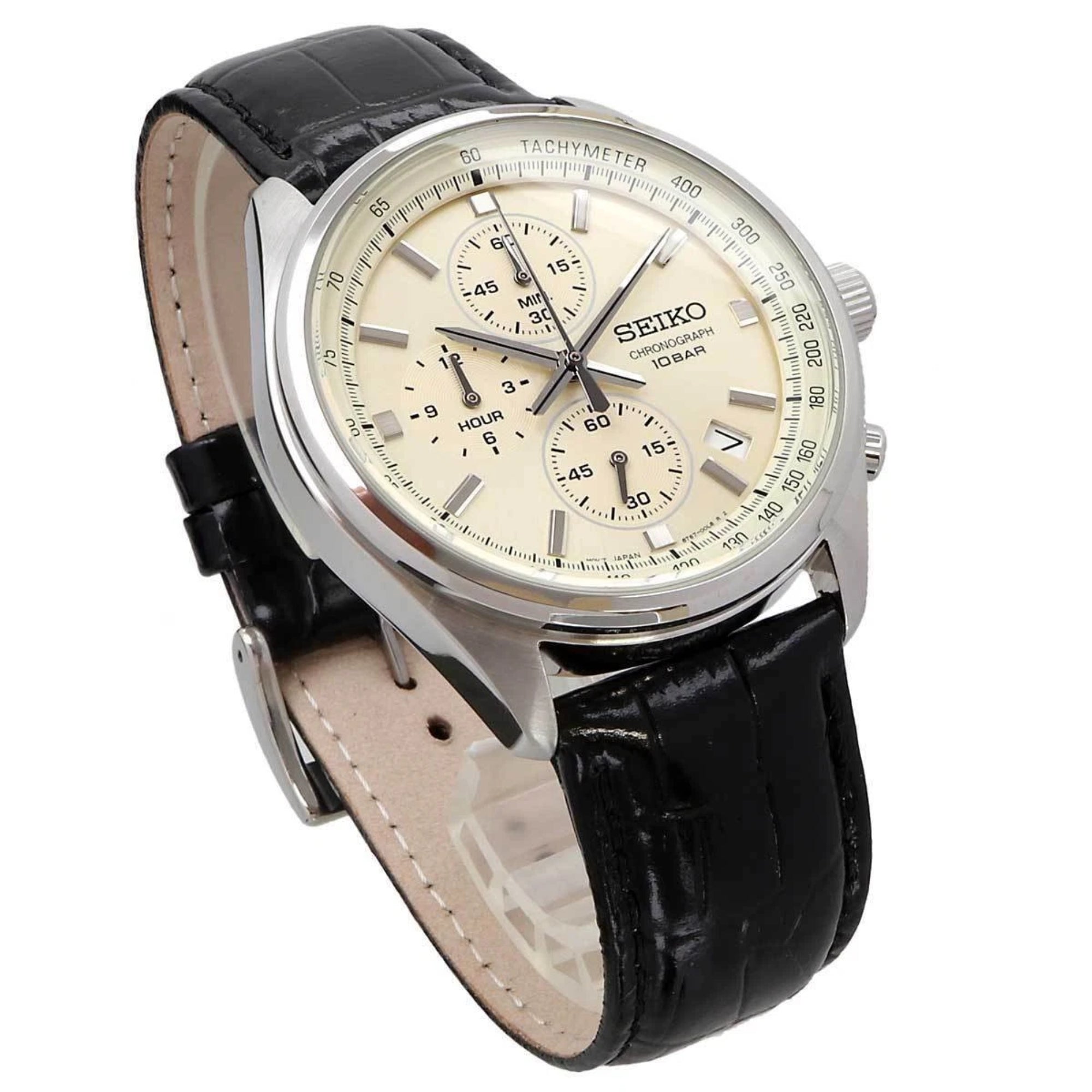 Seiko Conceptual Quartz Chronograph Beige Dial Black Leather Strap Men's Watch SSB383P1