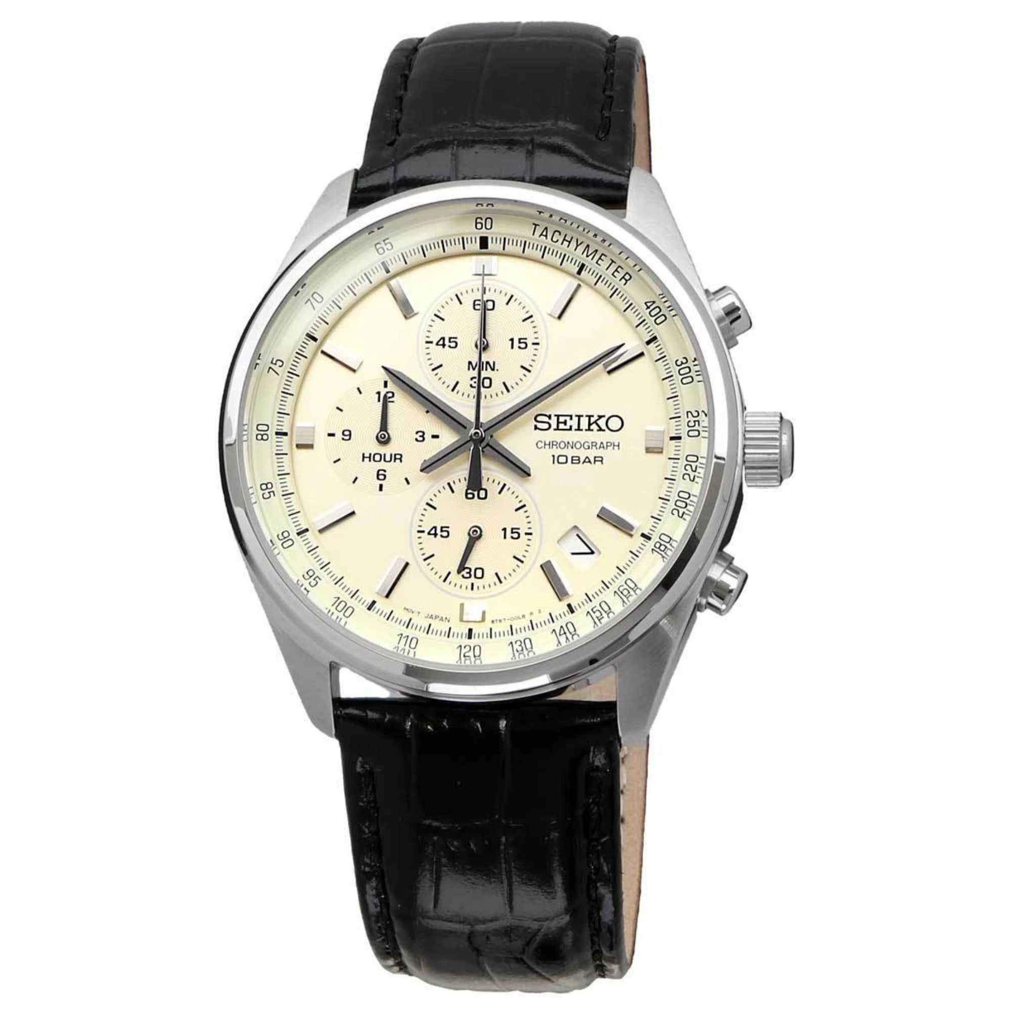 Seiko Conceptual Quartz Chronograph Beige Dial Black Leather Strap Men's Watch SSB383P1