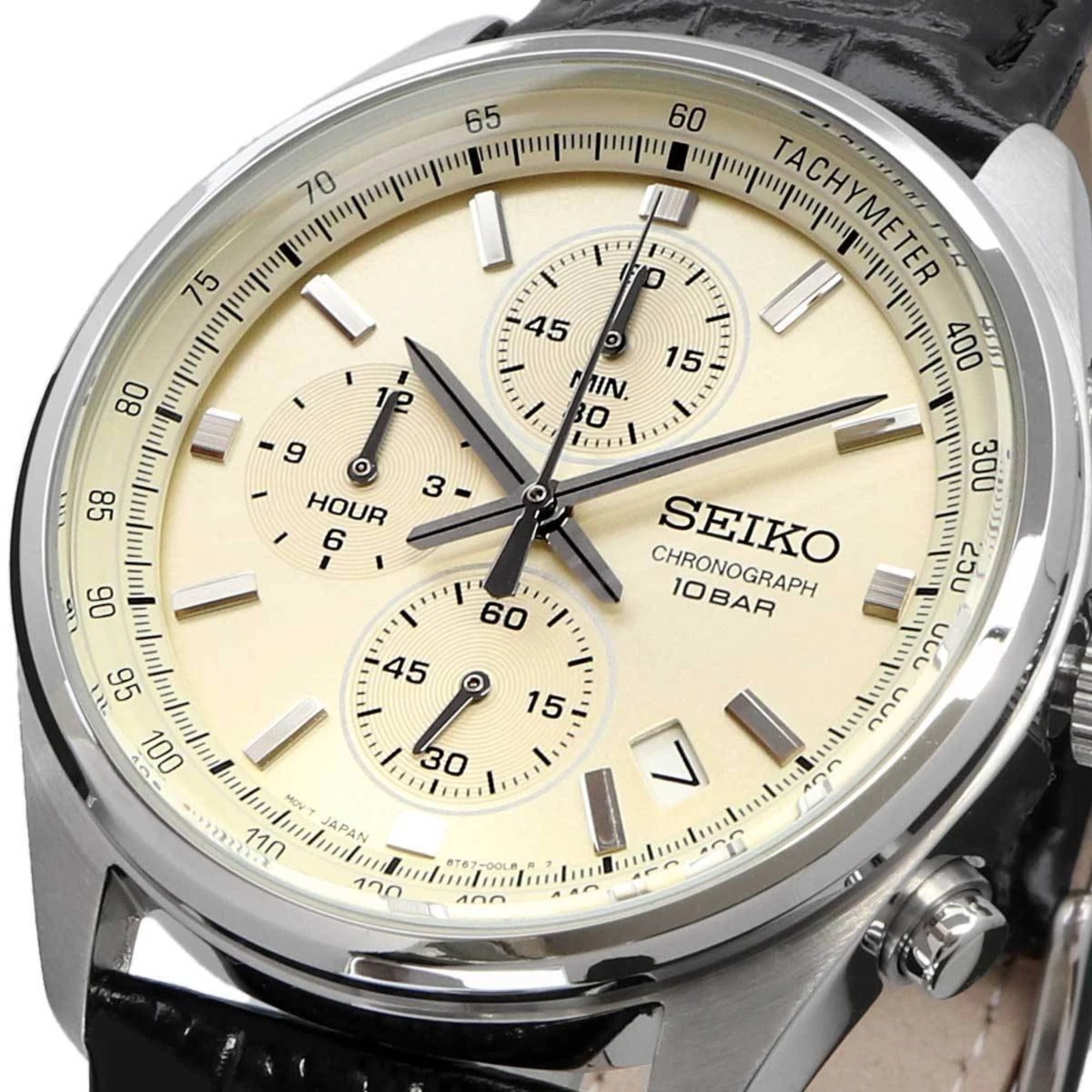 Seiko Conceptual Quartz Chronograph Beige Dial Black Leather Strap Men's Watch SSB383P1