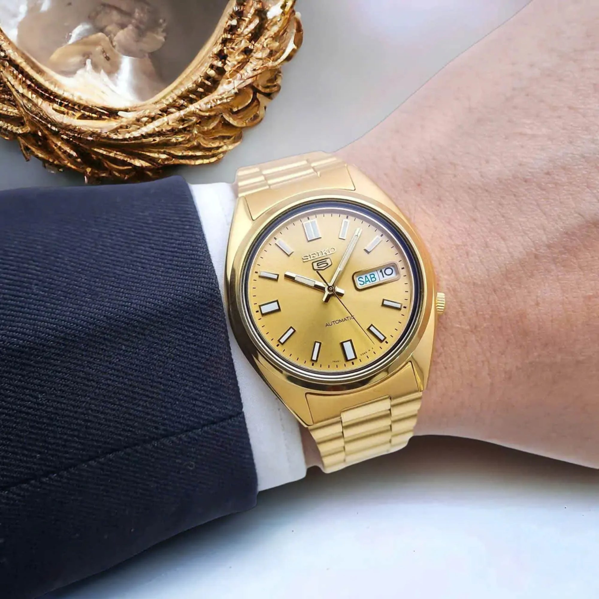 Seiko 5 Automatic Gold Dial Gold PVD Steel Strap Men's Watch SNXS80K1