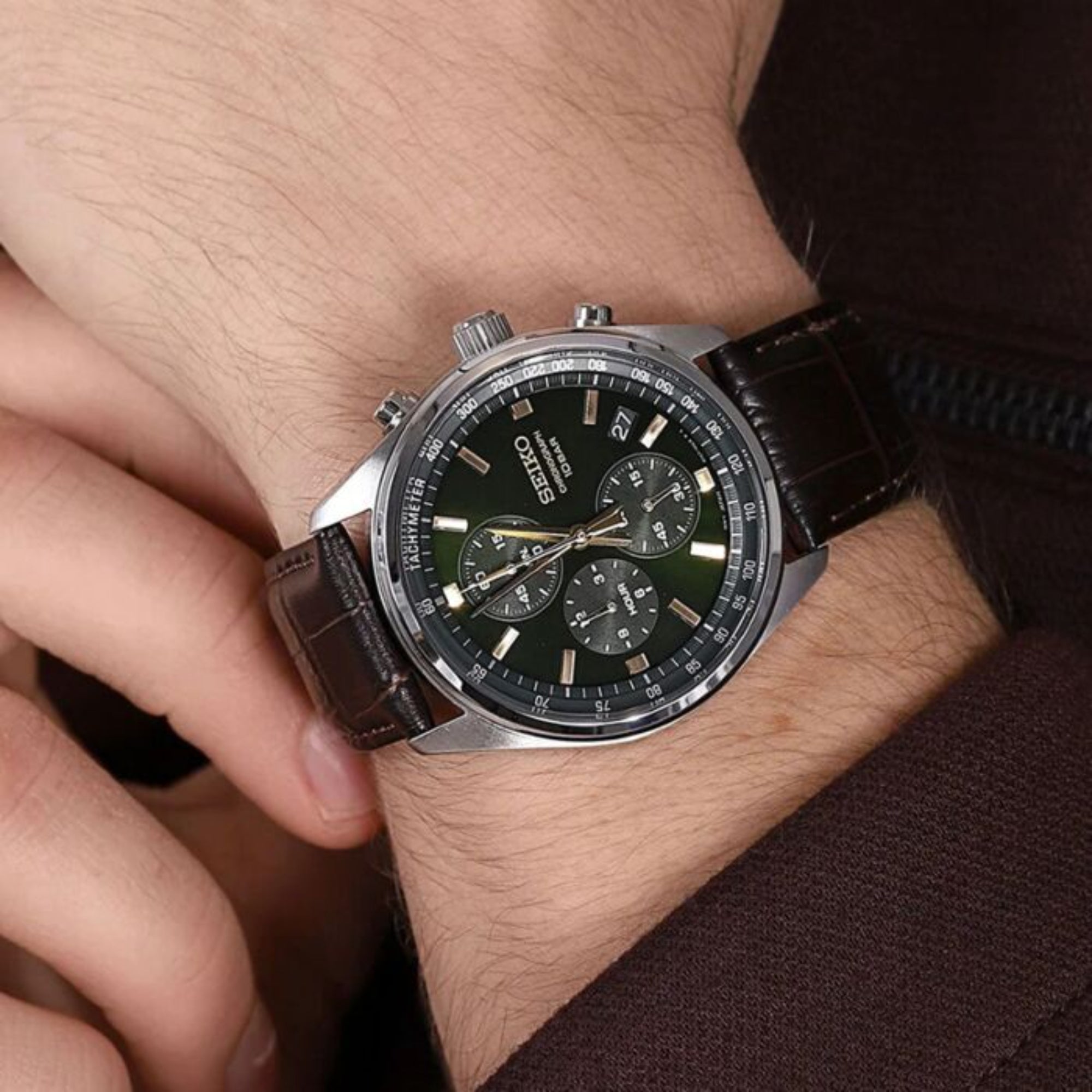 Seiko Conceptual Quartz Chronograph Green Sunburst Dial Brown Leather Strap Men's Watch SSB385P1