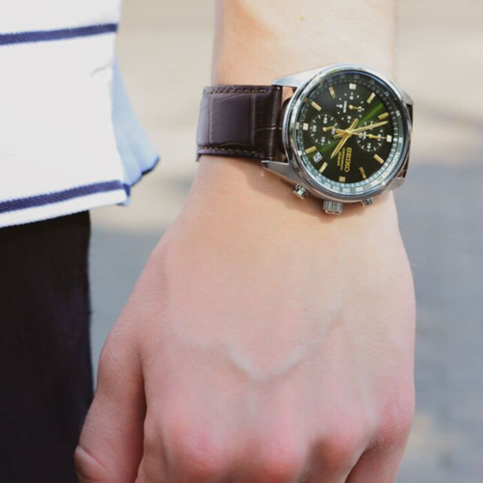 Seiko Conceptual Quartz Chronograph Green Sunburst Dial Brown Leather Strap Men's Watch SSB385P1