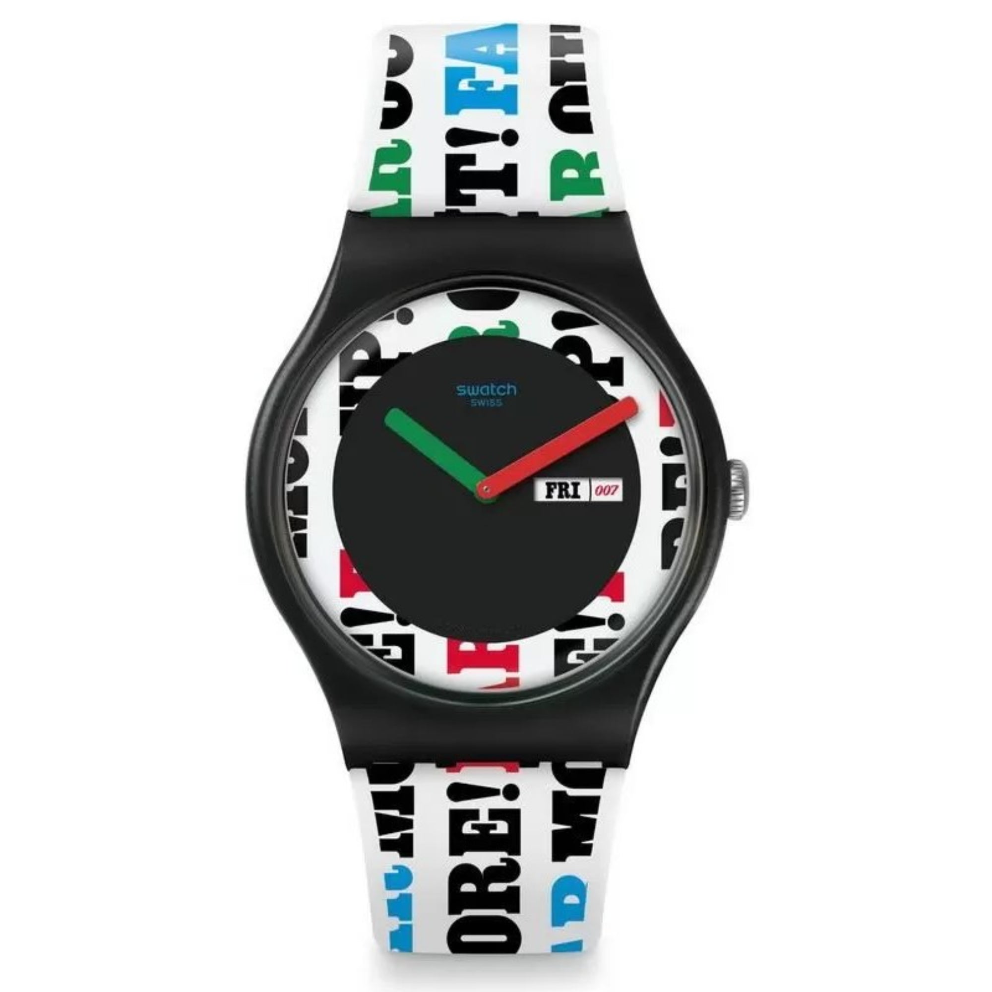 Swatch James Bond On her Majesty's Secret Service 1969 Limited Special Edition White &; Black Dial Multi Colour Text Strap Watch SUOZ715