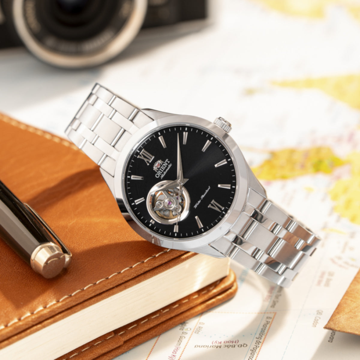 Orient Contemporary Open-Heart Automatic Black Dial Steel Strap Men's Watch TAG03001B0