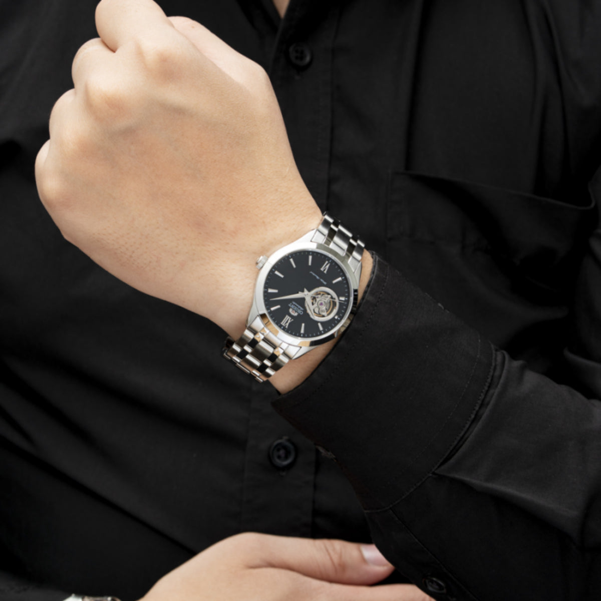 Orient Contemporary Open-Heart Automatic Black Dial Steel Strap Men's Watch TAG03001B0