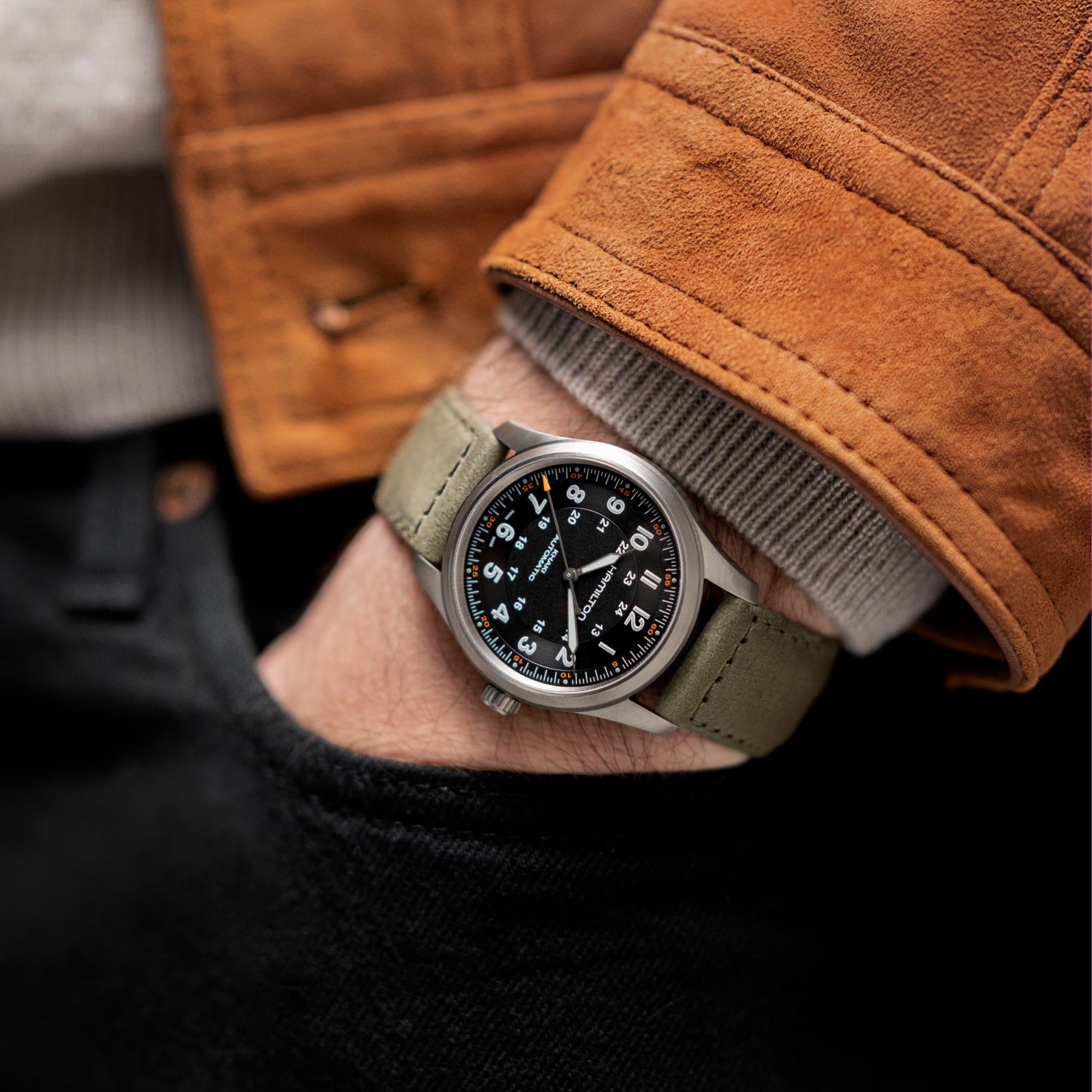Hamilton Khaki Field Titanium Automatic Black Dial Green Leather Strap Men's Watch H70205830