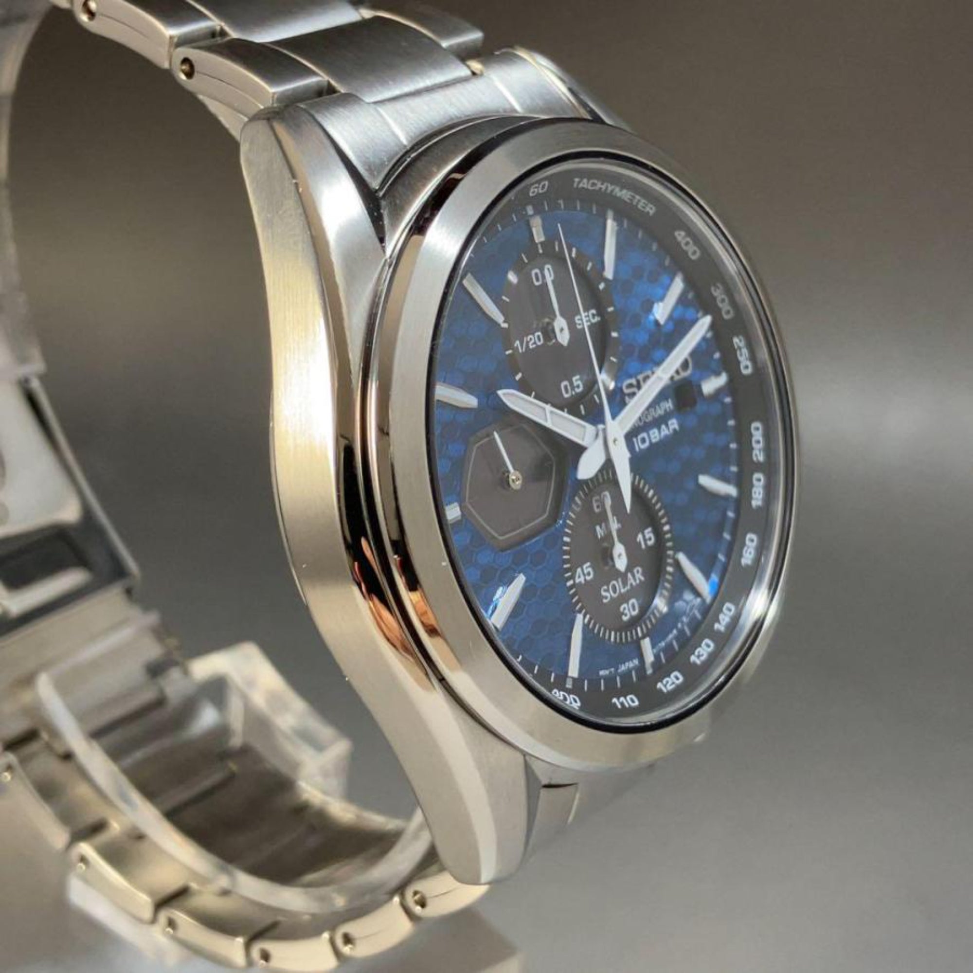 Seiko Conceptual Solar Quartz Blue Chronograph Dial Steel Bracelet Men's Watch SSC801P1