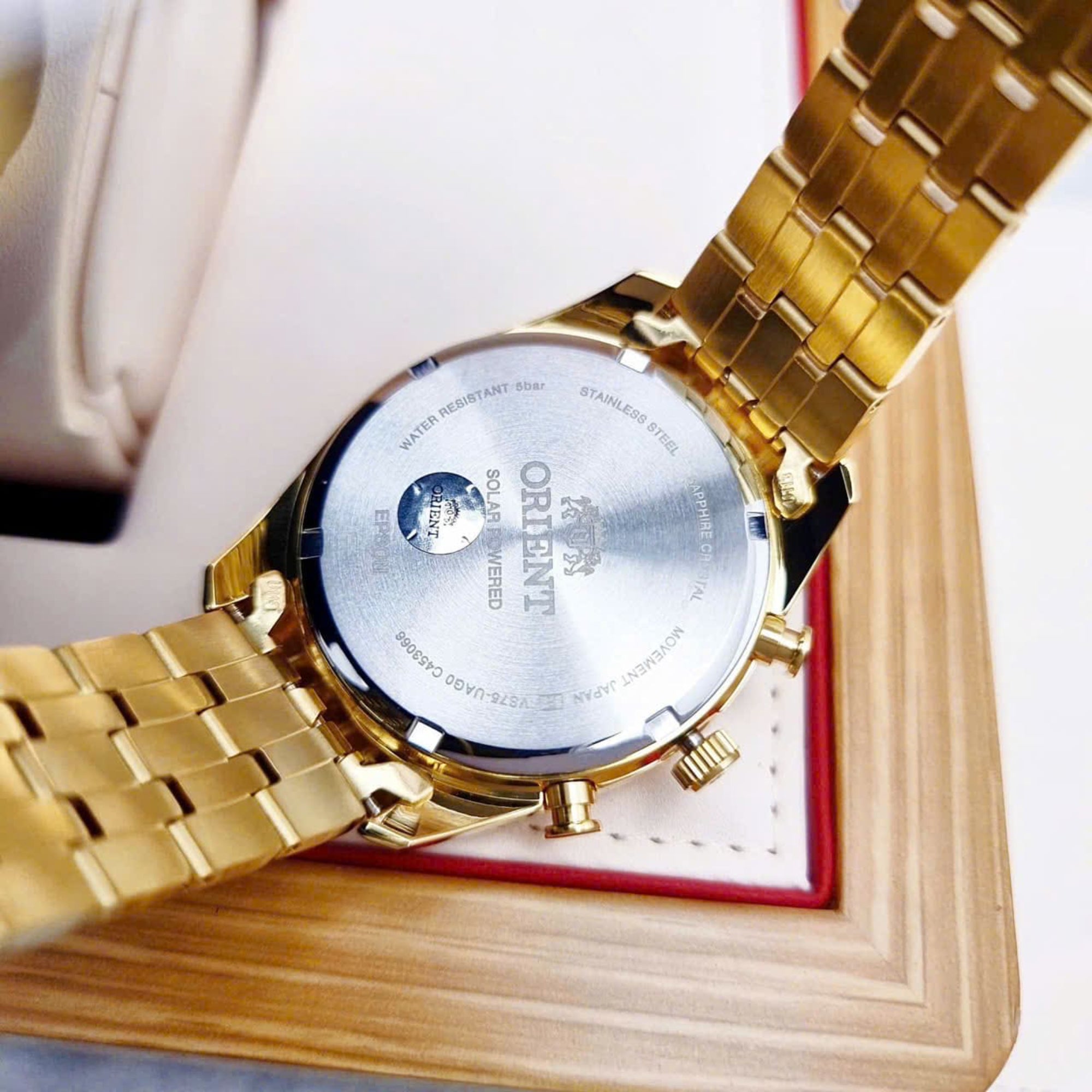 Orient Contemporary Stretto Date Solar Chronograph Champagne Dial Steel Strap Men’s Watch RA-TX0301G10B