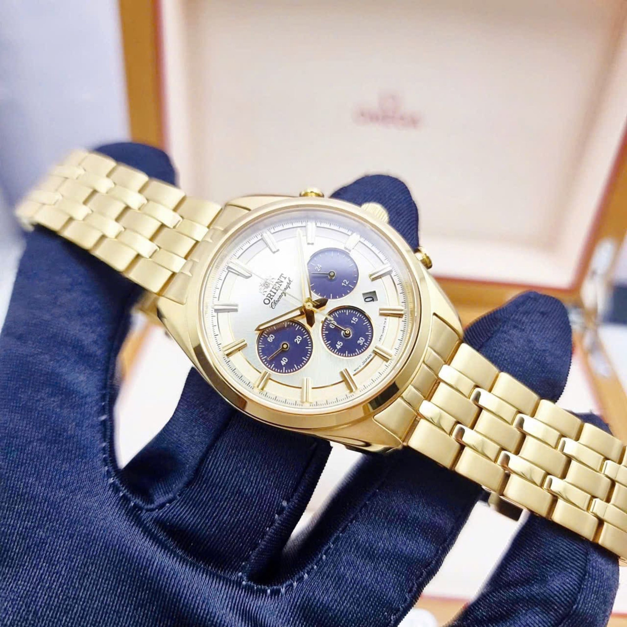 Orient Contemporary Stretto Date Solar Chronograph Champagne Dial Steel Strap Men’s Watch RA-TX0301G10B