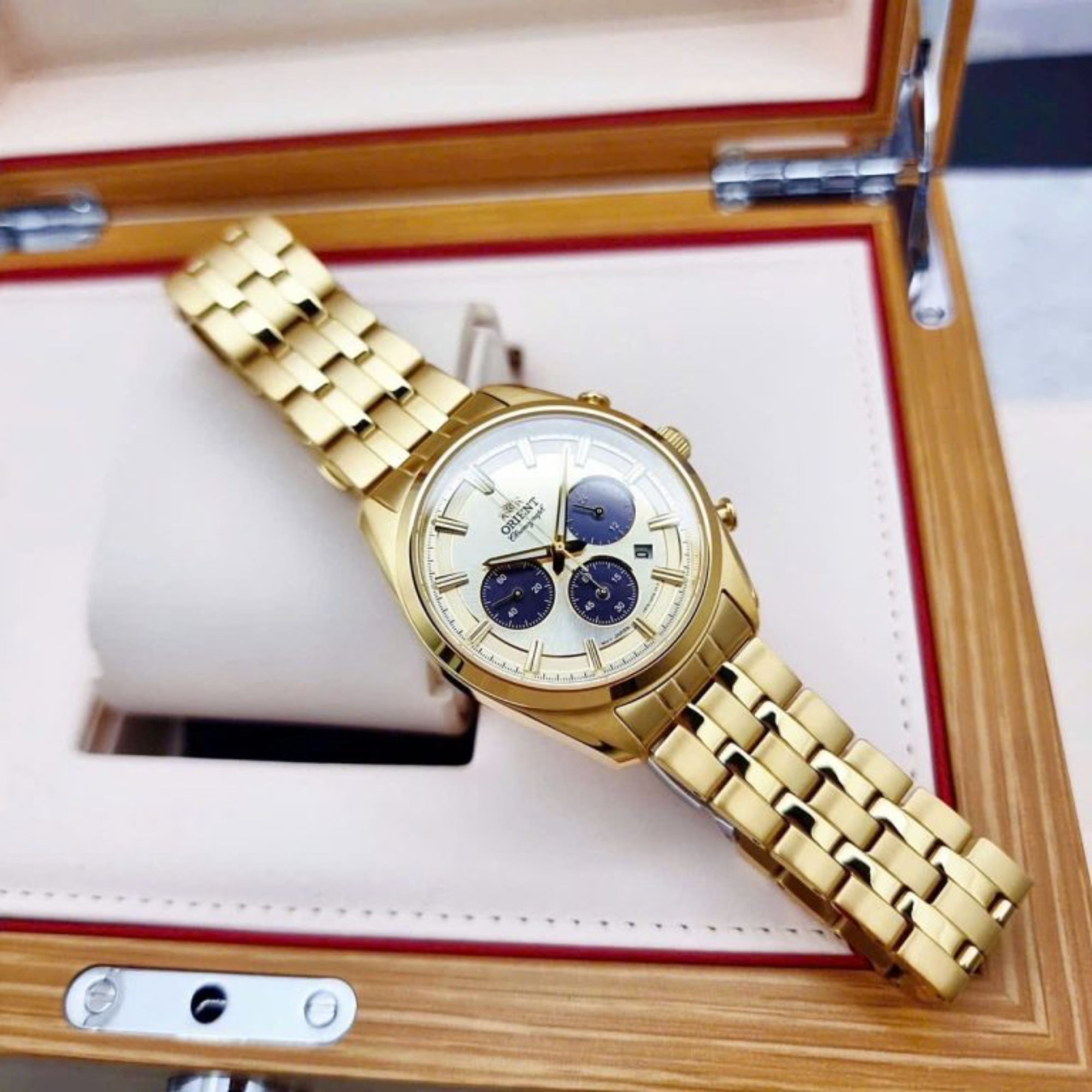 Orient Contemporary Stretto Date Solar Chronograph Champagne Dial Steel Strap Men’s Watch RA-TX0301G10B