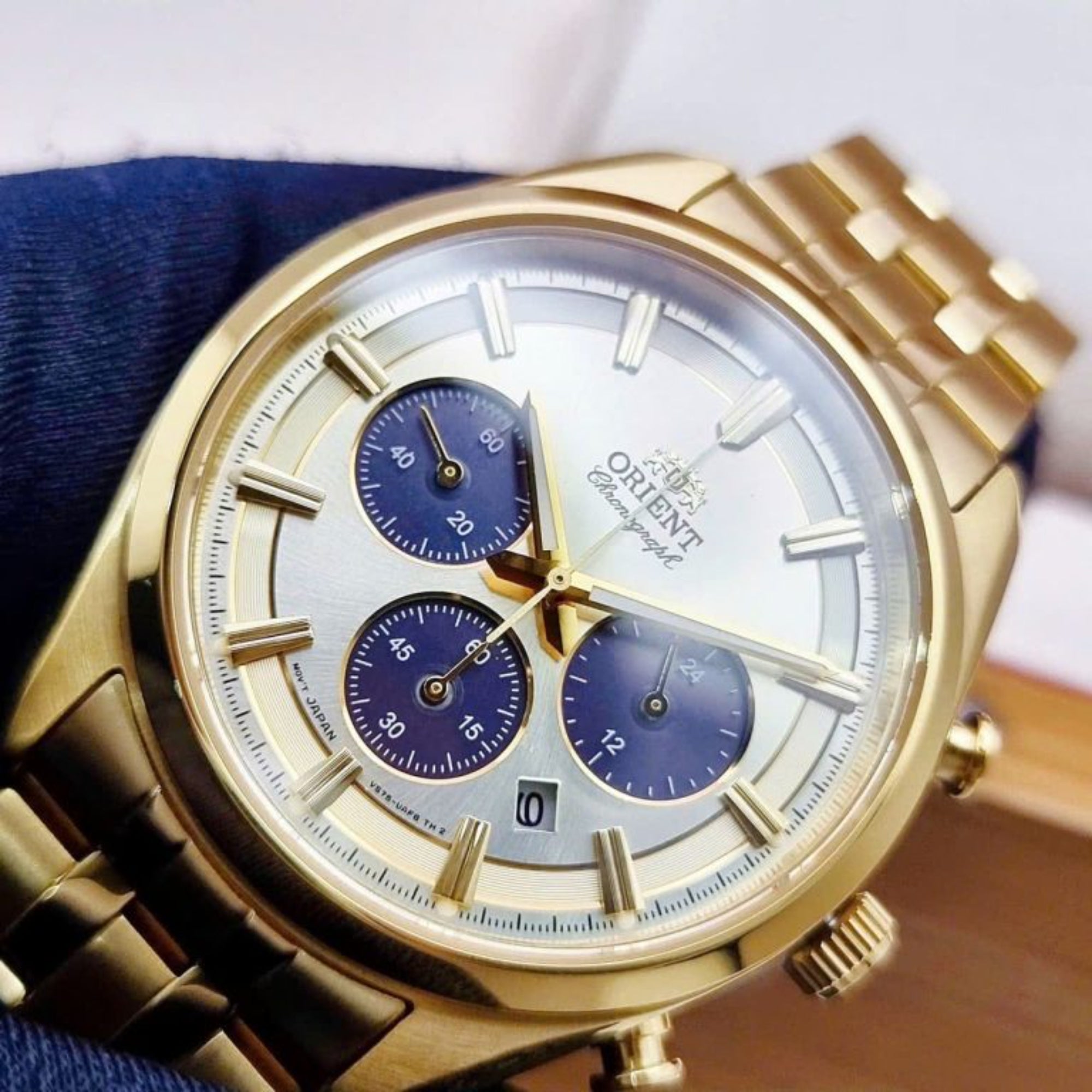 Orient Contemporary Stretto Date Solar Chronograph Champagne Dial Steel Strap Men’s Watch RA-TX0301G10B