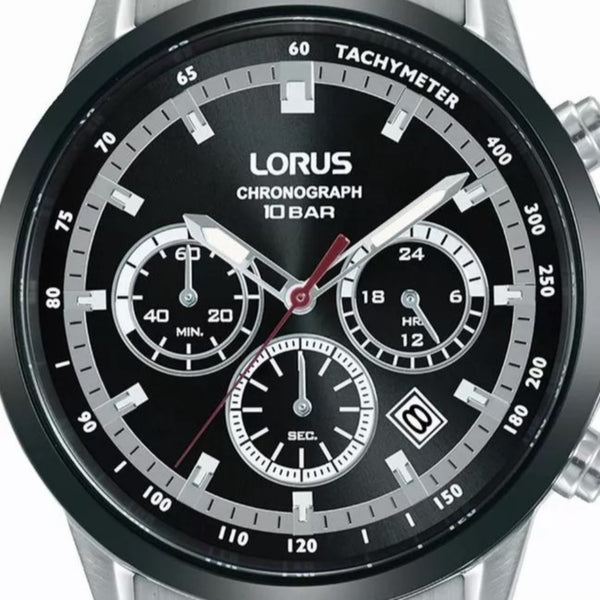 Lorus Sports Chronograph Quartz Black Dial Stainless Steel Bracelet Men's Watch RT397JX9