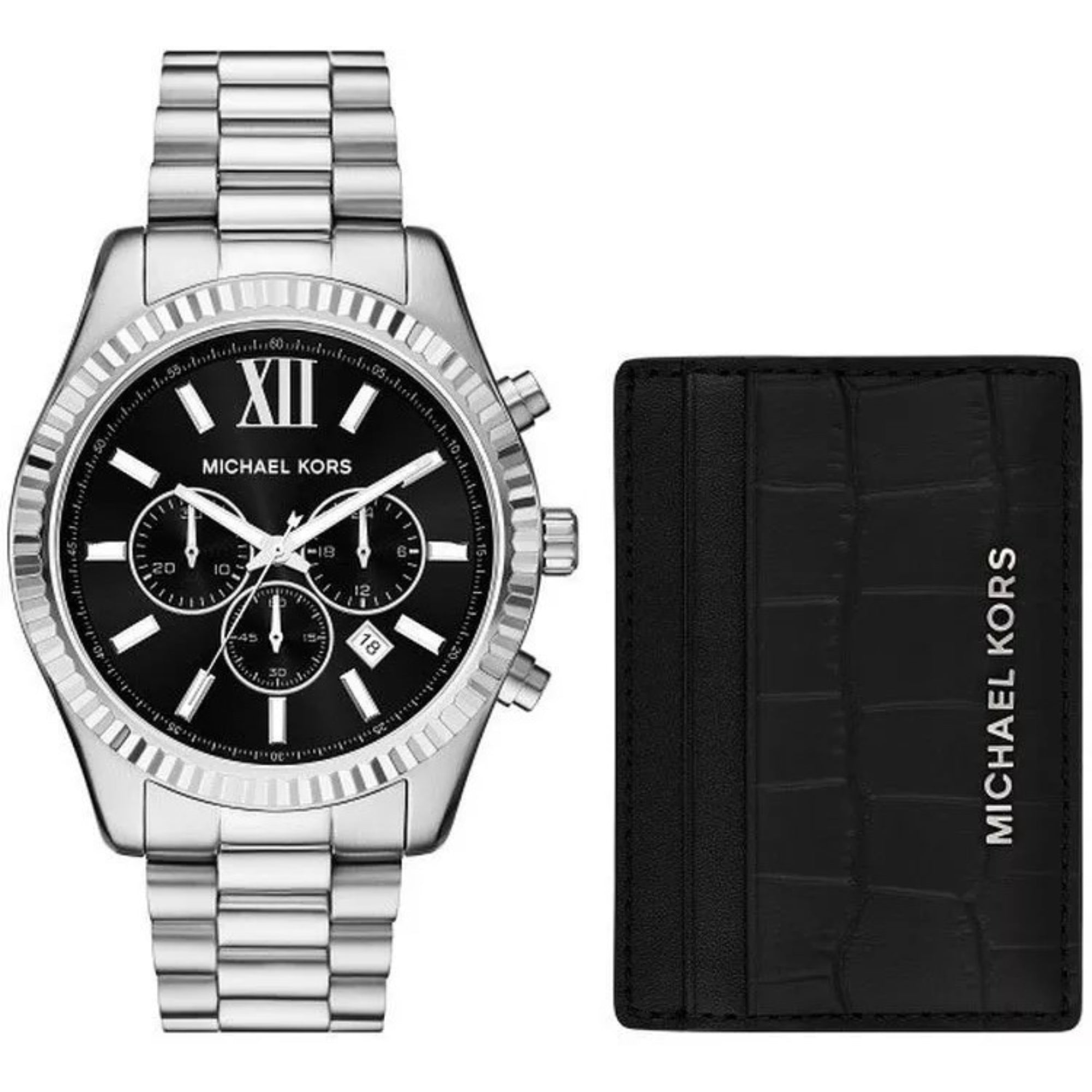 Michael Kors Lexington Chronograph Stainless Steel Black Dial Men’s Watch and Card Case Gift Set MK1091SET