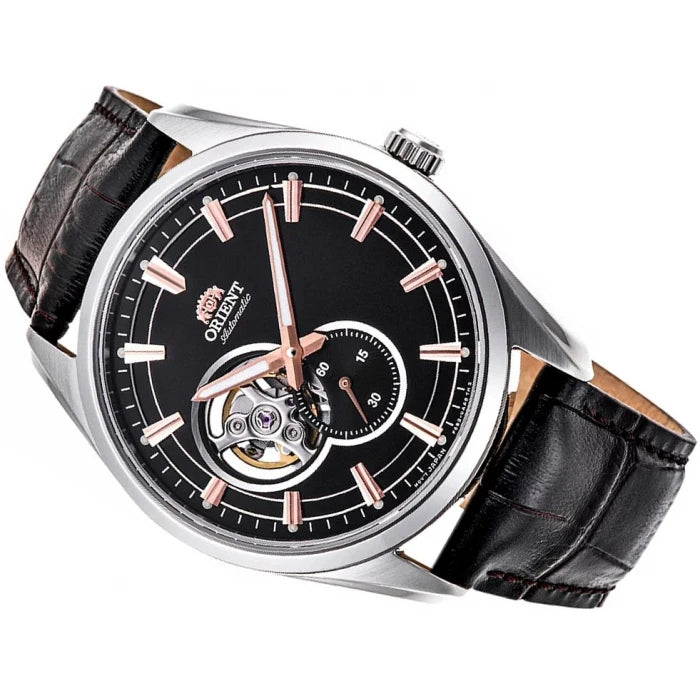 Orient Semi Skeleton Open Heart Mechanical Black Dial Black Leather Strap Men’s Watch RA-AR0005Y10B