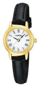 Lorus PVD Gold Plated Case Black Leather Strap Ladies Watch RG294HX9 25mm