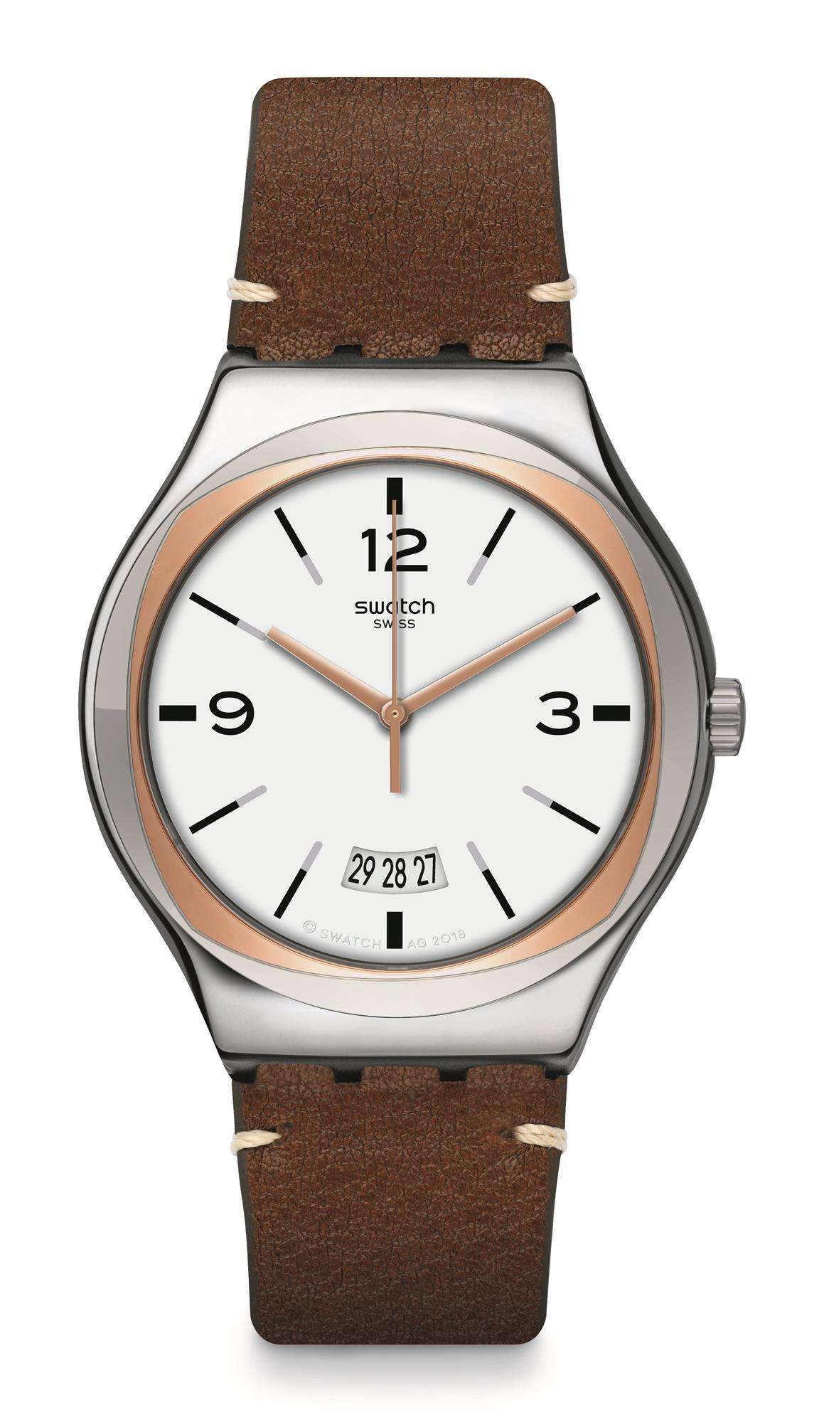 Swatch Irony TV Show Brown Leather Strap White Dial Mens Watch YWS443 42.7mm