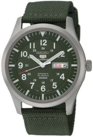 Seiko 5 Sports Automatic Military Khaki Green NATO Canvas Strap Men’s WatchDriven by a 23 jewel automatic movement, this Seiko 5 Sports Automatic Military Khaki Green NATO Canvas Strap Men’s Watch pairs legendary Seiko 5 reliability and precision with military style khaki green canvas strap. the green colour scheme is continued within the dial with a Seiko 5 logo sitting below the 12 o’clock index and a day and date window taking the place of the 3 o’clock index. Around the edge of the dial are indexes for both 12 and 24 hour displays, suiting the needs of both. This simplistic dial is protected by a silver stainless steel case and hardlex crystal glass.This timepiece has a water resistancy of 100 metres, making it suitable for swimming but should not be submerged to any considerable amount.Key Features:Seiko 7S26 Calibre Engine23 Jewel Automatic MovementOpen Case BackDay/Date WindowKhaki Green Canvas Strap100m Water ResistantDark Green DialSilver Stainless Steel Case12/24 Hour DisplayAnalogue DisplayHardlex CrystalPull/Push CrownBuckle Clasp The Family:The Seiko 5 family has set the standard in affordable, rugged and stylish watches since 1963. They incorporate simplicity, but seriousness. The name of the Seiko 5 derives from its five key attributes, which Seiko promised to include in every watch that belonged to the family. They are: automatic winding, displaying the day and date in a single window, water resistance, a recessed crown at the 4 o’clock position and a durable metal bracelet. 1963 marked the year that the Seiko 5 acted as a catalyst in the horological revolution in automatic watchmaking. Even after being in the market for over 50 years, albeit the Seiko 5 remains as cool and relevant as ever. Though this serves as proof that expert craftsmanship and elegant design will never go out of fashion.The Brand: SeikoCeaseless determination to innovate in every aspect of the watchmaker’s art is what defines Seiko’s 135-year history. By embracing this ethos, Seiko has been responsible for a string of industry-leading advances in the technology of time. Notably, the creation of the world’s first quartz watch in 1969. Or equally impressive the creation of the world’s first TV watch in 1982. And even more relevant today, with our abhorrent use of non-renewable energy sources, Seiko’s Kinetic. This watch had the ability to generate its own power from the movement of the wearer, it was released in 1988. The listed technological developments serve as evidence to illustrate the revolutionary impact which Seiko has had on the watchmaking world. They are also remarkably unique in that they manufacture every aspect of every watch in-house. They even grow their own quartz crystals and sapphires, hence why Seiko are renowned for being watchmaking experts.If you have any questions please click hereClick here to join our facebook and Instagram!
