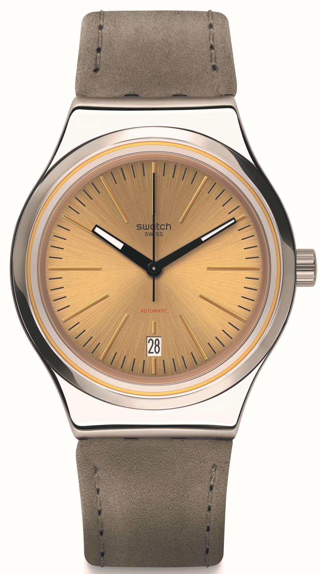 The Watch: Swatch Sistem Sand 42mm Case Automatic Ladies Fall Winter Watch YIS411This Swatch Sistem Sand Automatic Unisex Watch (YIS411) packs serious watchmaking substance into an elegantly understated design, as a cleanly styled sun-brushed gold-coloured dial and grey leather strap is teamed with an intricate automatic movement.Key Features:SISTEM51 Automatic MovementOpen Case BackDate WindowLeather StrapLuminous HandsWater Resistant to 30mThe Brand: SwatchSwatch watches are globally-renowned for their trademark combination of quality Swiss watchmaking, pioneering use of plastic cases and straps, and eye-catching designs. There is a Swatch watch to suit every age, taste and lifestyle, with this variety and sense of difference ensuring that Swatch watches remain some of the most popular and sought after currently manufactured.Who We AreWatchNation is proud to be an authorized, established and respected supplier of Swatch watches. We stock a broad and exciting range of these superb timepieces both online and in store. Visiting us in store, located at 15-17 Charles Street, Hoole, Chester, CH2 3AZ, gives you the opportunity to take a first-hand look at our fantastic range of high-quality timepieces, with our friendly team of staff always on hand to use their decades of experience to offer helpful advice, useful information and expert guidance. If you can’t pay a visit to our store, then our online delivery service guarantees that your latest timepiece will go from checkout to your wrist in a fast and reliable manner. These services are all a product of the motto on which WatchNation was founded and will forever operate – “Time for the People.”