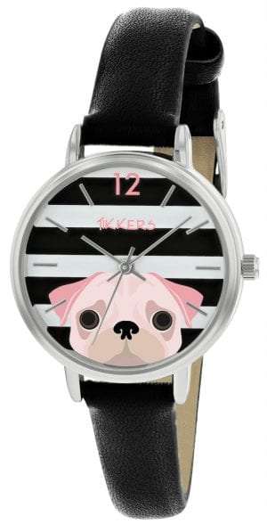 Tikkers Quartz Rose Silver Stainless Steel Black Leather Strap Girls Watch TK0174
