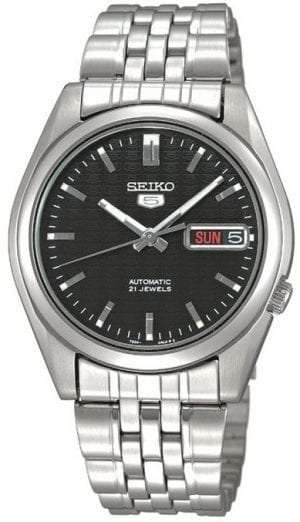 Seiko 5 Automatic Black Dial Silver Stainless Steel Men’s WatchThis Seiko 5 Automatic Black Dial Silver Stainless Steel Men’s Watch is a classic addition to the Seiko 5 family. A black dial is complimented by silver hands and indexes. The hands are powered by an exclusive 7S26 21 jewel calibre automatic engine to keep the watch in perfect time. A day and date window appear at the 3 o’clock with the Seiko 5 logo just below the 12 o’clock position. A silver stainless steel case surrounds the dial with hardlex crystal glass sitting on top. A silver stainless steel bracelet can then be fastened using a simple fold over clasp.Finally, this watch has a water resistance of 30 metres, making it suitable for light splashes.Key Features:Exclusive Seiko 7S26 Calibre21-Jewel Automatic MovementLuminous Hands and MarkersOpen Case BackSpeedometer DialDay-Date WindowWater Resistant to 30mThe Family: Seiko 5The Seiko 5 family has set the standard in affordable, rugged and stylish watches since 1963. They incorporate simplicity, but seriousness. The name of the Seiko 5 derives from its five key attributes, which Seiko promised to include in every watch that belonged to the family. They are: automatic winding, displaying the day and date in a single window, water resistance, a recessed crown at the 4 o’clock position and a durable metal bracelet.1963 marked the year that the Seiko 5 acted as a catalyst in the horological revolution in automatic watchmaking. Even after being in the market for over 50 years, albeit the Seiko 5 still remains as cool and relevant as ever. Though this serves as proof that expert craftsmanship and elegant design will never go out of fashion.The Brand: SeikoCeaseless determination to innovate in every aspect of the watchmaker’s art is what defines Seiko’s 135-year history. By embracing this ethos, Seiko has been responsible for a string of industry-leading advances in the technology of time. Notably, the creation of the world’s first quartz watch in 1969. Or equally impressive the creation of the world’s first TV watch in 1982. And even more relevant today, with our abhorrent use of non-renewable energy sources, Seiko’s Kinetic. This watch had the ability to generate its own power from the movement of the wearer, it was released in 1988. The listed technological developments serve as evidence to illustrate the revolutionary impact which Seiko has had on the watchmaking world. They are also markably unique in that they manufacture every aspect of every watch in-house.If you have any questions please click hereClick here to join our facebook and Instagram!