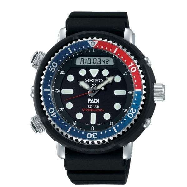 Seiko Prospex 'Arnie' Predator 'Pepsi' 'Tuna' Solar Black Dial Silicone Strap Diver's Men's Watch SNJ027P1