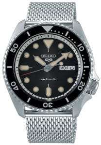 Seiko 5 Sports Black Dial Silver Steel Mesh Bracelet Automatic Men's Watch SRPD73K1Part of the new 2019 Seiko 5 sports range, this Seiko 5 Sports Watch SRPD73K1 comes in a stylish style. Firstly, a black dial is complimented by silver indexes and hands powered by a strong automatic movement. This type of engine provides an accuracy rating of +45 to -35 seconds per day. The power reserve for this calibre is around the 40 hour mark, allowing you to take it off for the weekend.Furthermore, when the crown is pulled out a hack feature means that the second hand will come to a stop. The hands and indexes are coated in a LumiBrite material which allows for easy visibility at night. Additionally, the new Seiko 5 Sports logo can be found at the 12 o'clock position which resembles the Superman logo with a blend of the '5' and the 'S'. Moreover, working clockwise, at the 3 o'clock position is a simplistic white and black day and date dial which can be displayed in English or French. Additionally, the movement of automatic is labelled by the 6 o'clock position in fancy writing which brings out the stylish side of this timepiece.The dial is protected by a thick stainless steel case as well as hardlex crystal glass to provide the protection it deserves. Also, a black bezel sits on-top of the case in increments of ten. The crown can be found at the 4 o'clock position with a raised shield to prevent it being knocked out of place. On the flip side is a open case back which allows you to see all the features and intricate workings of the watch. Then a silver stainless steel mesh bracelet can be fastened using a sliding clasp.Finally, this watch has a water resistance of 100 metres, making it suitable for swimming and snorkelling.Key Features:5 Sports FamilyBlack DialSilver Stainless Steel CaseSilver Stainless Steel Mesh BraceletAutomatic MovementCaliber 4R36Manual Winding Capacity+-45 Seconds Per DayApprox. 41 Hour DurationHardlex CrystalLumiBrite100m Water ResistantScrew Case BackSee-Through Case BackUnidirectional Rotating Bezel24 JewelsDay/Date DisplayStop Second Hand Function46mm Case  The Family: Seiko 5 SportsThe Seiko 5 Sports has set the standard in affordable, rugged and stylish watches since 1963. Designed to be simple but serious, the Seiko 5 is so-called due to its five key attributes: automatic winding, displaying the day and date in a single window, water resistance, a recessed crown at the 4 o’clock position and a durable metal bracelet. Released in order to meet the demands of the revolutionary baby-boomer generation, the Seiko 5 collection is just as popular to this day, proof that expert craftsmanship and elegant design will never go out of fashion. The Brand: SeikoFirstly, Seiko’s 135-year history has been marked by a ceaseless determination to innovate in every aspect of the watchmaker’s art. By embracing this mantra, Seiko has been responsible for a string of industry-leading advances in the technology of time, such as the world’s first quartz watch, the world’s first TV watch, and the Seiko Kinetic, the first watch ever to generate its own electricity from the movement of the wearer. Additionally, Seiko are unique in that they manufacture every aspect of every watch in-house, with this ruthless pursuit of perfection even including growing their own quartz crystals and sapphires.