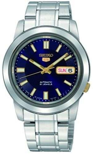 Seiko 5 Automatic Blue Dial Silver Stainless Steel Men's WatchDriven by a 21-jewel automatic movement, this Seiko 5 Automatic Blue Dial Silver Stainless Steel Men's Watch is a classic addition to the Seiko 5 family. Firstly, a dark blue dial is complimented by golden indexes and hand, of which are powered by a 7S26 calibre automatic movement. Secondly, the Seiko 5 logo can be found at the 12 o'clock position with a day and date window seen at the 3 o'clock position. A silver stainless steel case surrounds the dial with hardlex crystal glass sat on-top. A silver stainless steel bracelet can then be fastened using a deployment clasp.Finally, this watch has a water resistance of 30 metres, making it suitable for light splashes. Key Features:Silver Stainless Steel Case/BraceletAutomatic MovementCaliber: 7S2621 JewelsHardlex CrystalBlue DialAnalog DisplayLuminous Hands/Indexes30m Water ResistantFold Over Clasp  The Family:The Seiko 5 family has set the standard in affordable, rugged and stylish watches since 1963. They incorporate simplicity, but seriousness. The name of the Seiko 5 derives from its five key attributes, which Seiko promised to include in every watch that belonged to the family. They are: automatic winding, displaying the day and date in a single window, water resistance, a recessed crown at the 4 o’clock position and a durable metal bracelet. 1963 marked the year that the Seiko 5 acted as a catalyst in the horological revolution in automatic watchmaking. Even after being in the market for over 50 years, albeit the Seiko 5 still remains as cool and relevant as ever. Though this serves as proof that expert craftsmanship and elegant design will never go out of fashion.The Brand: SeikoCeaseless determination to innovate in every aspect of the watchmaker’s art is what defines Seiko’s 135-year history. By embracing this ethos, Seiko has been responsible for a string of industry-leading advances in the technology of time. Notably, the creation of the world’s first quartz watch in 1969. Or equally impressive the creation of the world’s first TV watch in 1982. And even more relevant today, with our abhorrent use of non-renewable energy sources, Seiko’s Kinetic. This watch had the ability to generate its own power from the movement of the wearer, it was released in 1988. The listed technological developments serve as evidence to illustrate the revolutionary impact which Seiko has had on the watchmaking world. They are also remarkably unique in that they manufacture every aspect of every watch in-house. They even grow their own quartz crystals and sapphires, hence why Seiko are renowned for being watchmaking experts. If you have any questions please click hereClick here to join our facebook and Instagram!