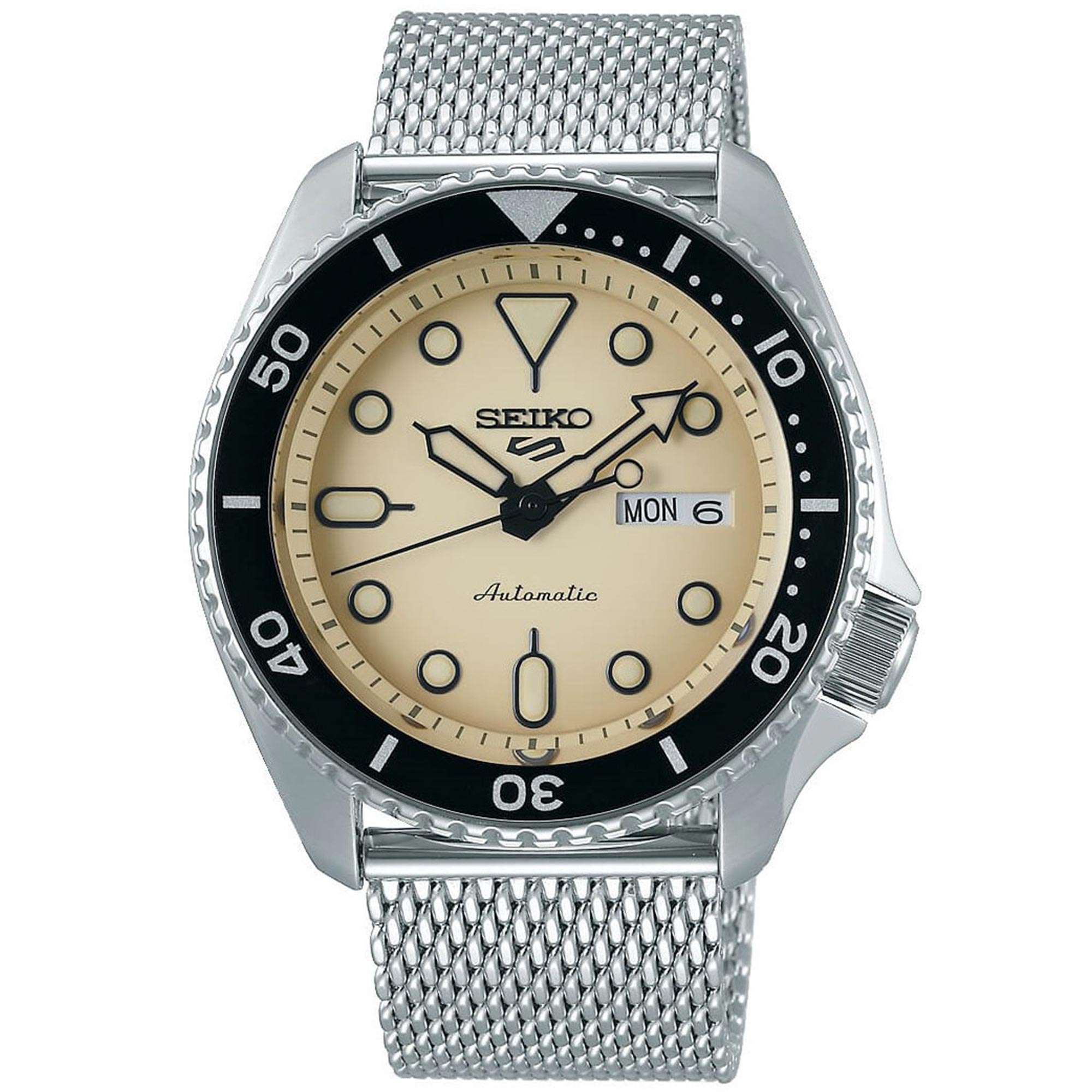 Seiko 5 Sports Cream Dial Silver Steel Mesh Bracelet Automatic Men's Watch SRPD67K1