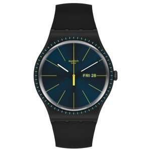 Swatch Essentials Black Rails Quartz Movement Blue Dial Silicone Bracelet Mens Watch SUOB731