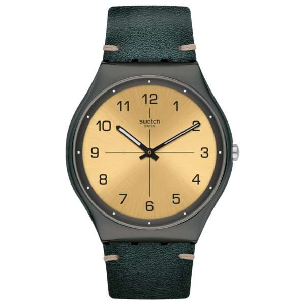 Swatch Trovalized Quartz Movement Gold Dial Leather Bracelet Men’s Watch SS07M101