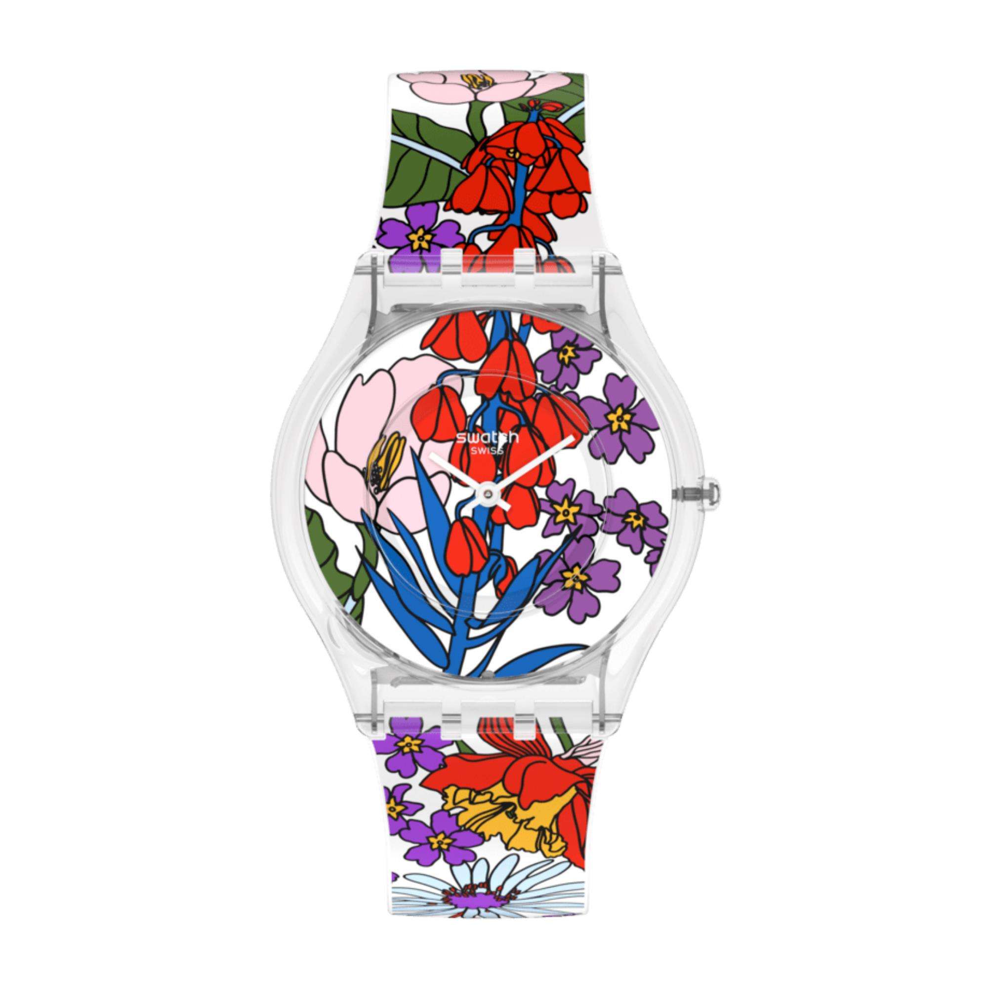 Swatch Skin Classic Botanical Paradise Quartz Floral Dial Floral Silicone Strap Ladies Watch SS08K110