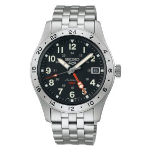 Seiko 5 Sports Field Deploy Mechanical GMT Automatic Black Dial Stainless Steel Bracelet Mens Watch SSK023K1
